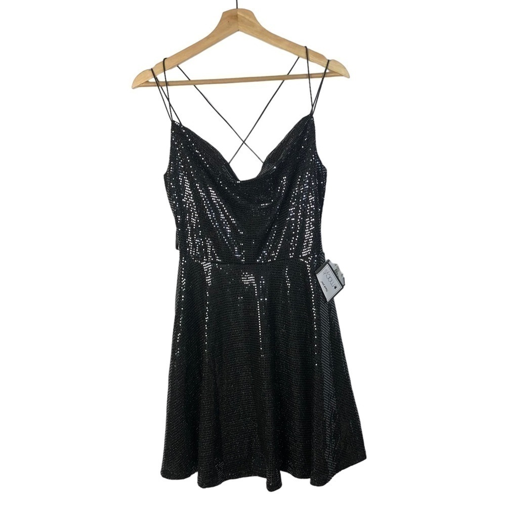 B. Darlin Black Pewter Cowl Neck Skater Mini Dress M - Picture 3 of 5
